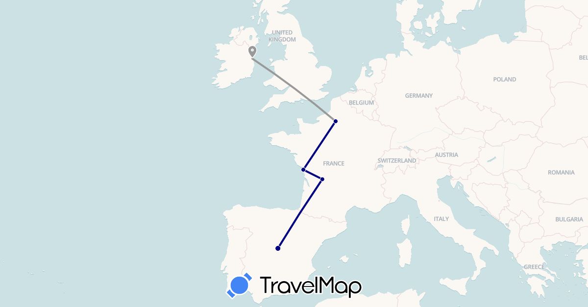 TravelMap itinerary: driving, plane in Spain, France, Ireland (Europe)
